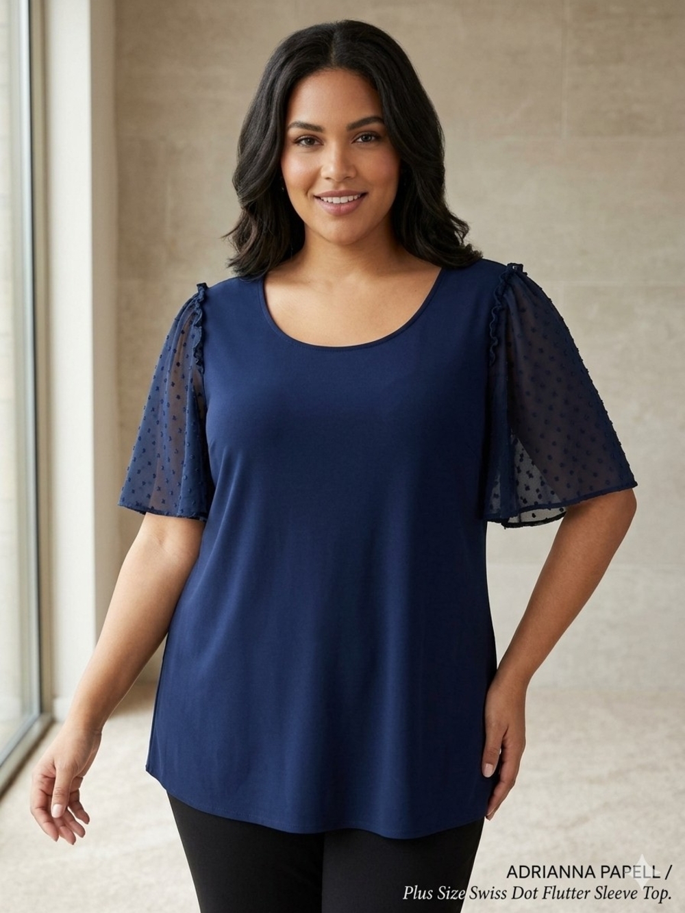 Adrianna Papell Navy Swiss Dot Flutter Sleeve Top